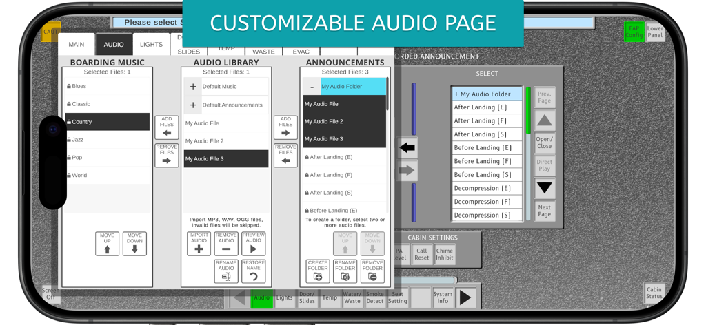 A320 FAP Simulator - Interfaz de la aplicación Simulador A320 FAP mostrando la página de audio personalizable para música de embarque y anuncios de cabina.