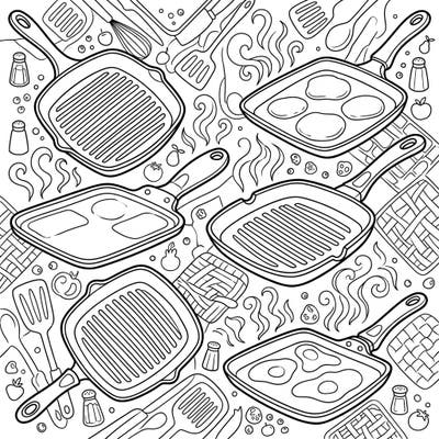 Explore the heart of the kitchen with this engaging coloring page featuring a variety of grill pans and griddles. Perfect for food lovers and cooking enthusiasts, it's a delightful way to bring culinary scenes to life with your favorite colors.