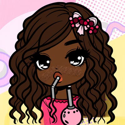 girl with long curly hair with lips and boba