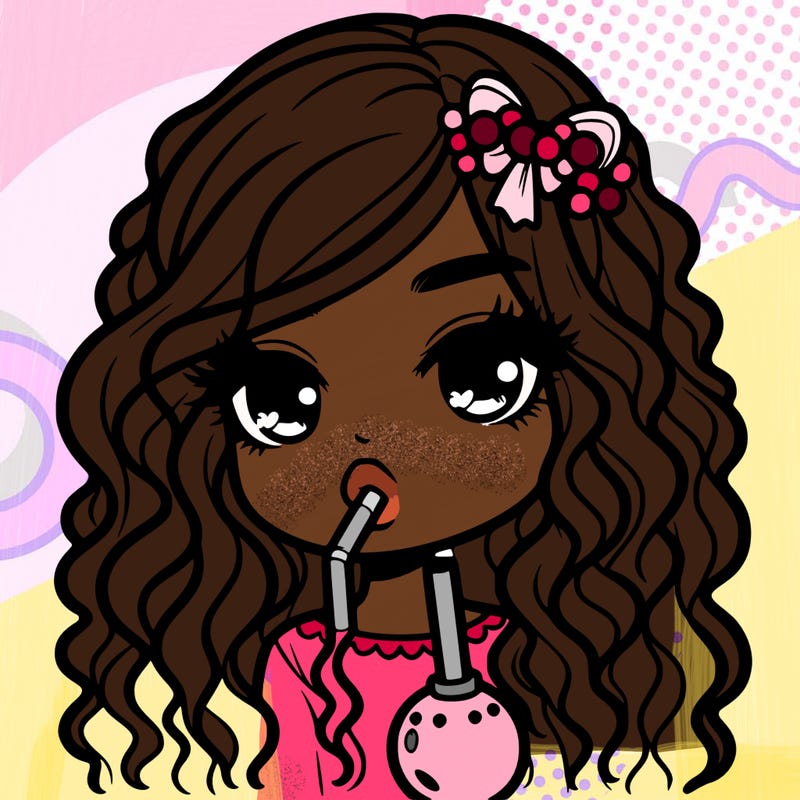 girl with long curly hair with lips and boba