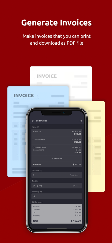 Make Price List & Invoice - Uno schermo di smartphone che mostra l'interfaccia di modifica fattura con costi dettagliati e opzioni di esportazione PDF professionale