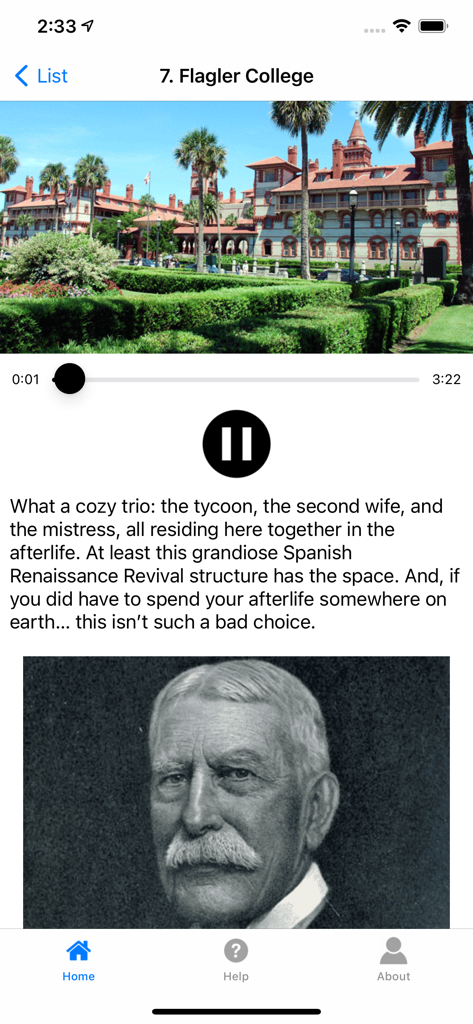 A narrated tour screen from the Ghosts of St Augustine app showing Flagler College and historical text