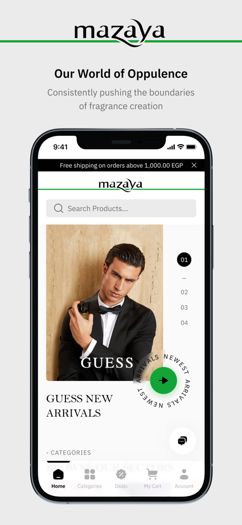 Mazaya Stores - Mazaya Storesモバイルアプリのホームページ。高級香水製品とGuessの新作バナーが表示されています。