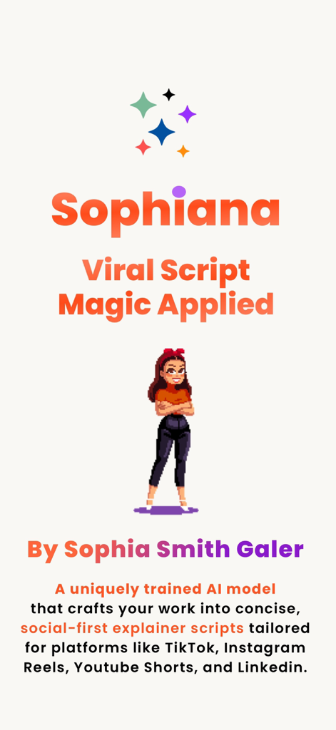 Sophiana: Script & Video Maker - Sophiana app intro screen featuring the tagline Viral Script Magic Applied and a pixel art illustration of Sophia Smith Galer