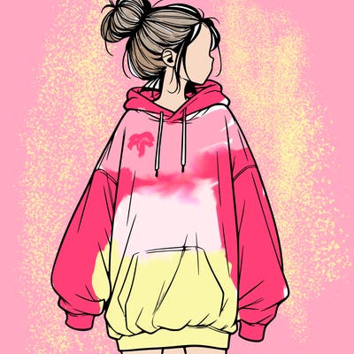 realistic girl with a oversized sweatshirt on and a bun