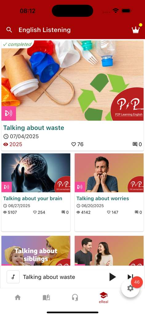 English Listening - 6mins - The main screen of the English Listening app showing various lesson topics like talking about waste brain and worries with a playback bar at the bottom