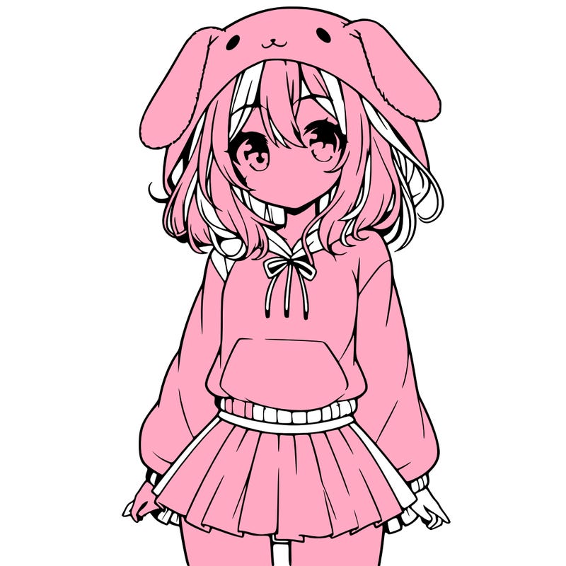pretty anime girl wearing a fluffy hoodie with bunny ears on the hood and a skirt