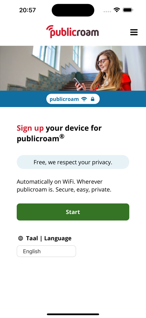 publicroam - Publicroam App-Anmeldebildschirm für sicheres und automatisches öffentliches WLAN