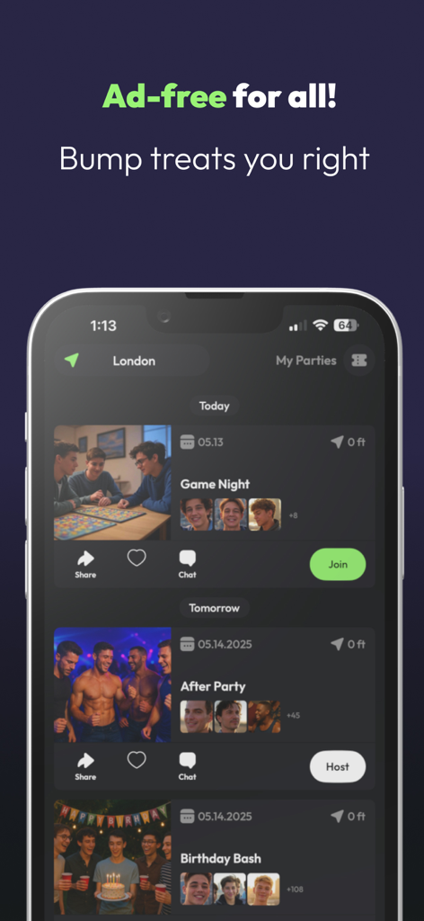 BUMP: Gay adventure app - BUMP gay adventure app interface showing ad free social events and parties