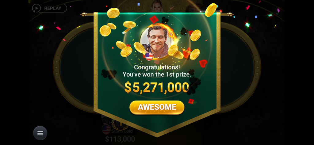 Poker Championship - Holdem - Tournament win screen in Poker Championship Holdem showing a five million dollar first prize reward with coins and confetti