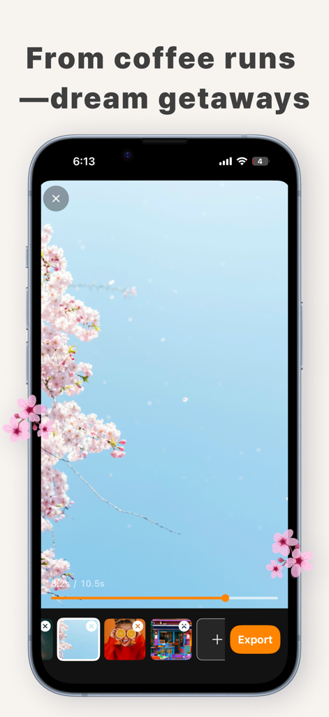 Shardee | Daily vlog camera - Shardee 앱 인터페이스는 벚꽃 클립과 내보내기 버튼이 있는 일상 브이로그 비디오 편집기를 보여줍니다.