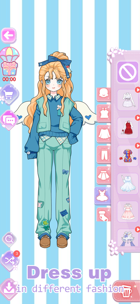 Chica de anime chibi con cabello naranja usando un atuendo azul y verde y pequeñas alas de ángel en un juego de vestir