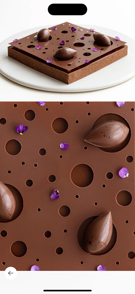 Elegant chocolate dessert with modern patterns and purple petals