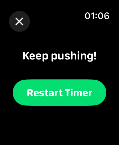 Gym Rest Timer - Flavr Apps - Apple Watch interface for Gym Rest Timer showing motivational message Keep pushing and a green restart button