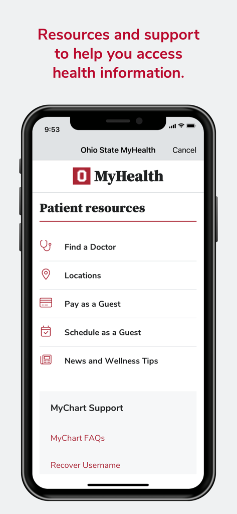 Ohio State MyHealth app patient resources screen showing options for finding a doctor and hospital locations