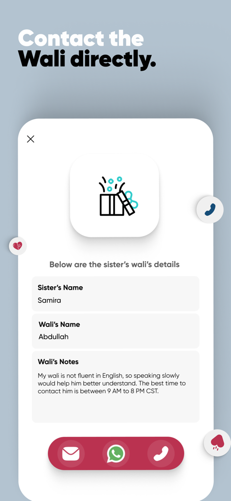 Contact screen for a guardian or Wali on the Sunnah Match marriage app