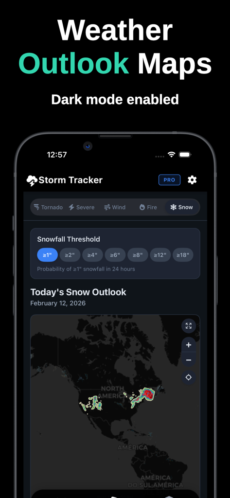 Storm Tracker by WeatherAlerts - Storm Tracker app interface showing Today's Snow Outlook map and snowfall thresholds in dark mode.