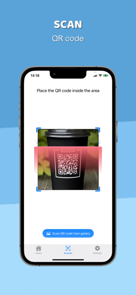 QR Reader* - iPhone screen showing the QR Reader app scanning a QR code on a coffee cup