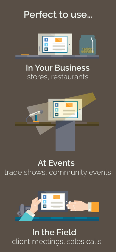 イベントやフィールドでのビジネスにおけるOnSpot Socialアプリの使用例を示すグラフィック。