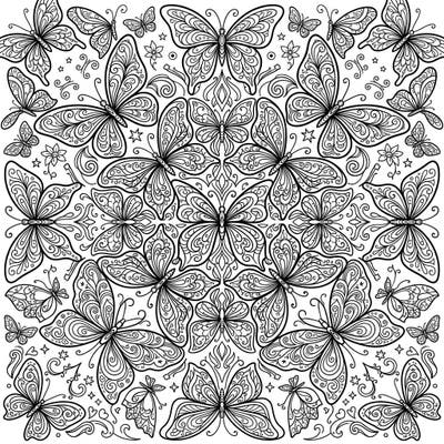 Discover the enchanting beauty of kaleidoscope butterflies in this stunning coloring template. Immerse yourself in a world of symmetrical patterns and intricate winged creatures, perfect for a relaxing creative escape.