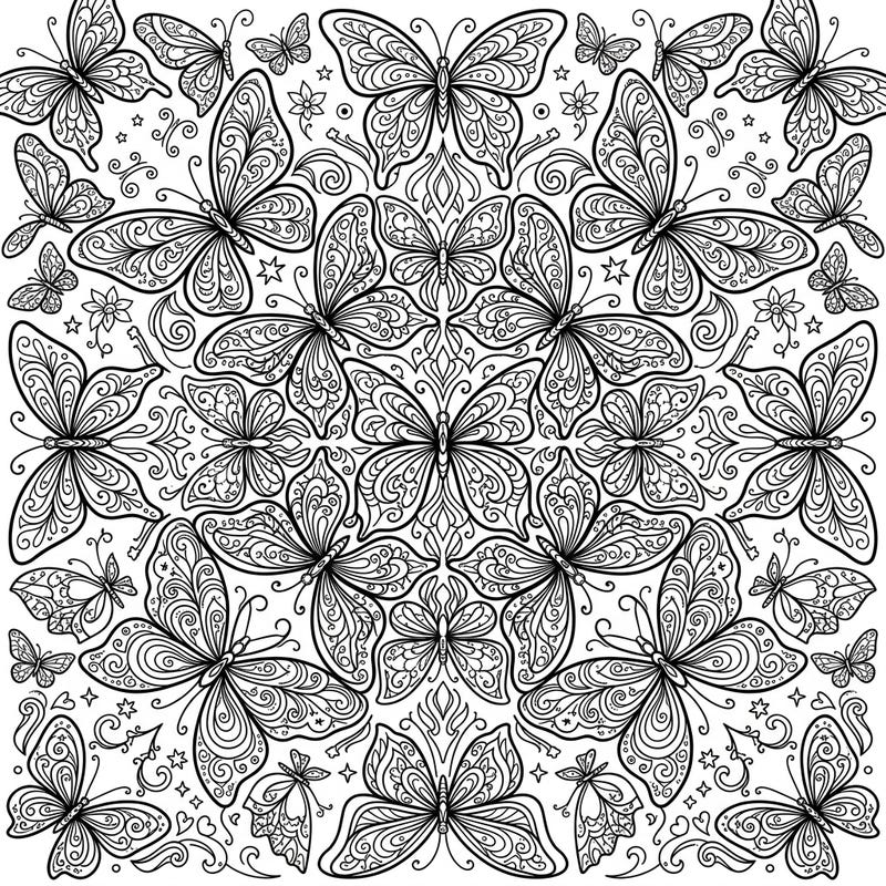 Discover the enchanting beauty of kaleidoscope butterflies in this stunning coloring template. Immerse yourself in a world of symmetrical patterns and intricate winged creatures, perfect for a relaxing creative escape.