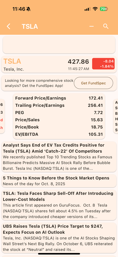 Informações de preço das ações da Tesla, incluindo índices financeiros e atualizações de notícias