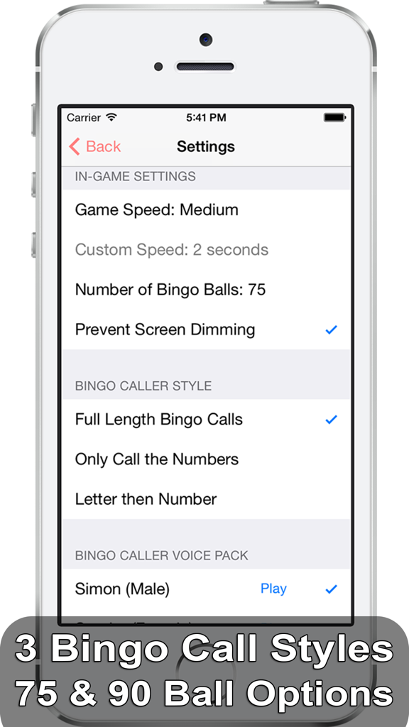 iBingo Caller Free - Play Bingo at Home with Friends! - Settings screen of the iBingo Caller app showing customization options for game speed, 75 or 90 ball variants, and various calling styles.