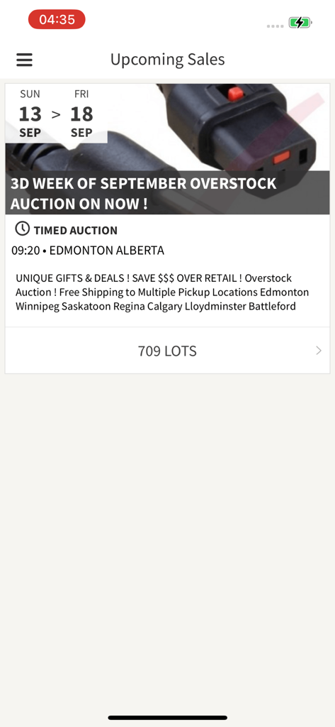 Mega Savers Auction - Mega Savers Auction mobile app screen displaying upcoming timed auctions for retail overstock items in Edmonton Alberta