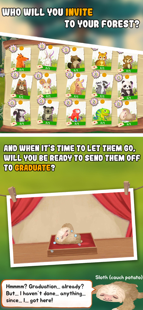Una colección de tarjetas de personajes de animales y una escena de graduación con un perezoso en el juego Animal Forest Fuzzy Seasons.