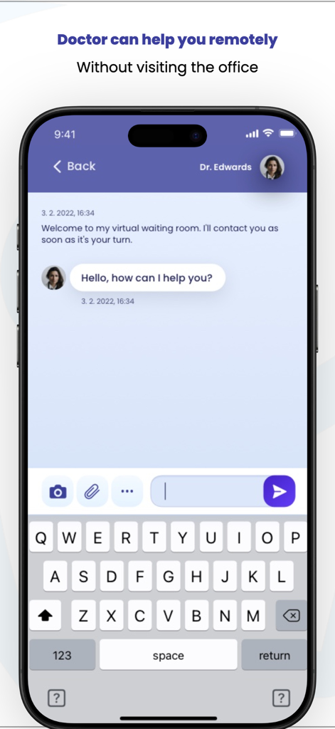 MEDDI app interface showing a virtual waiting room and chat with a doctor for remote healthcare.