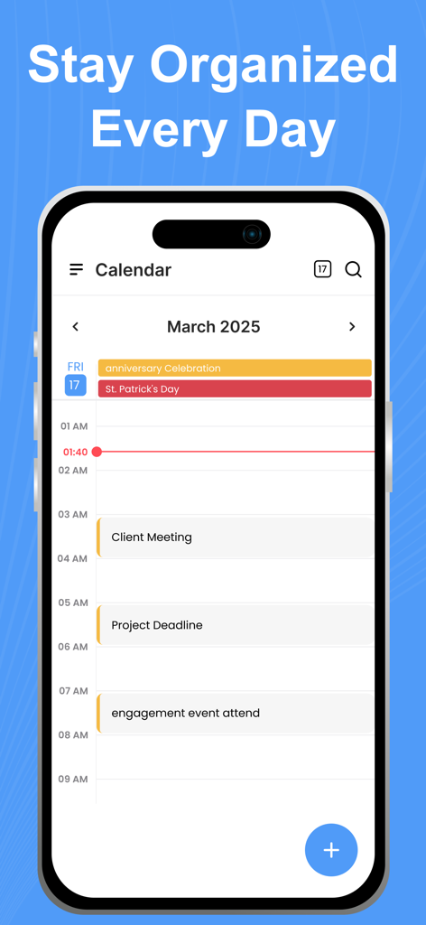 Week Calendar - Event Manager - Daily view of the Week Calendar app displaying color-coded events like meetings and deadlines for personal and professional organization.