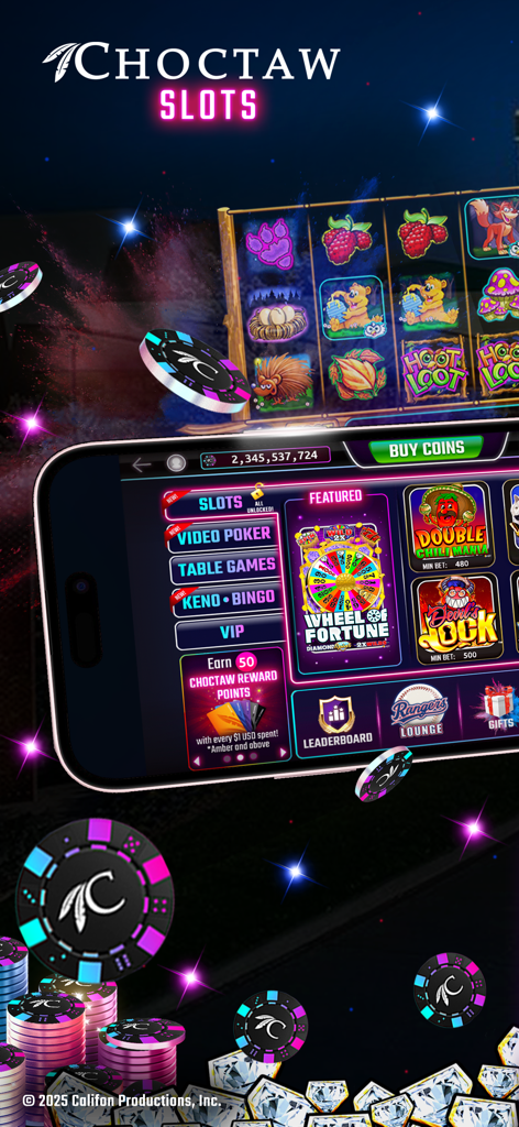 Choctaw Slots - Casino Games - Lobby principal de l'application mobile Choctaw Slots présentant des catégories de jeux et des récompenses.