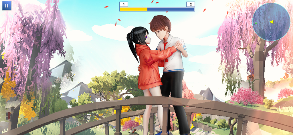 Anime Girl Love Life Simulator - An anime girl and boy in a romantic pose on a bridge with cherry blossom trees