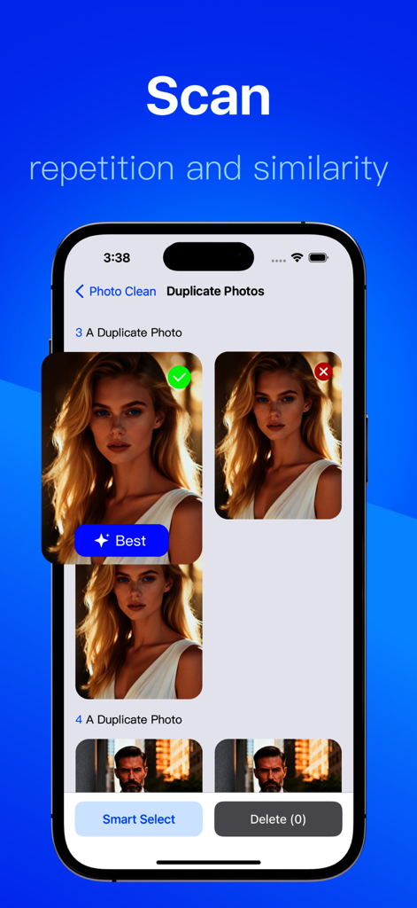Phone Cleaner · 手机清理 - Cleaner - App interface displaying duplicate photos with a smart select option to free up storage