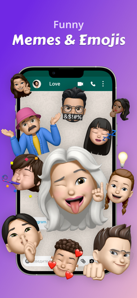 Top Stickers - Emoji & Memes - A collection of diverse and funny 3D character stickers and emojis displayed on a smartphone screen