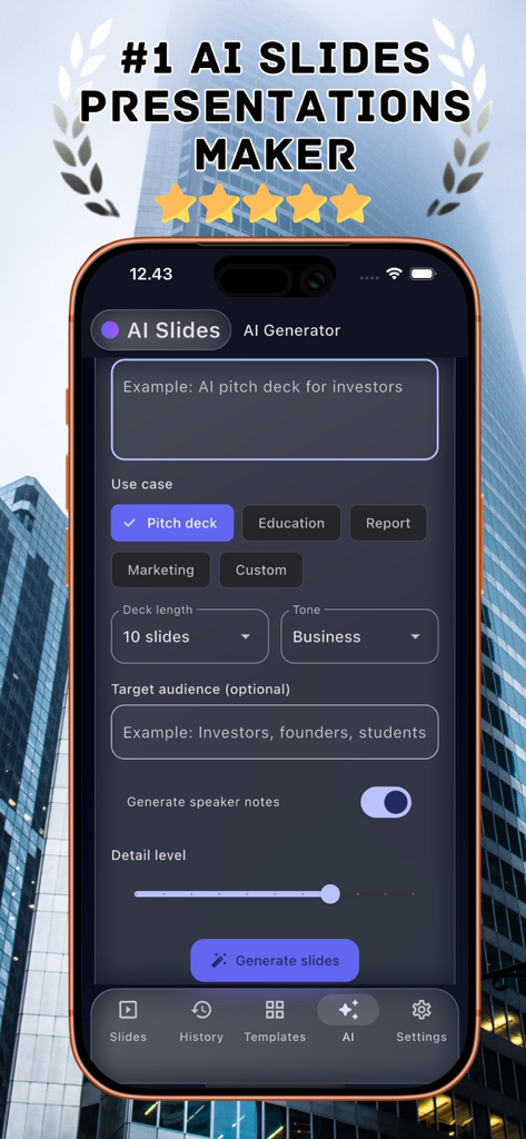 AI Slides Maker 앱 인터페이스, 피치 덱 및 비즈니스 톤 옵션이 있는 프레젠테이션 생성기 화면 표시