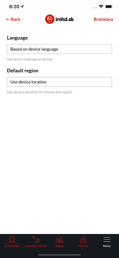 Einstellungsbildschirm der Nahverkehrs-App imhd.sk, der Optionen zur Sprach- und Regionenauswahl zeigt.