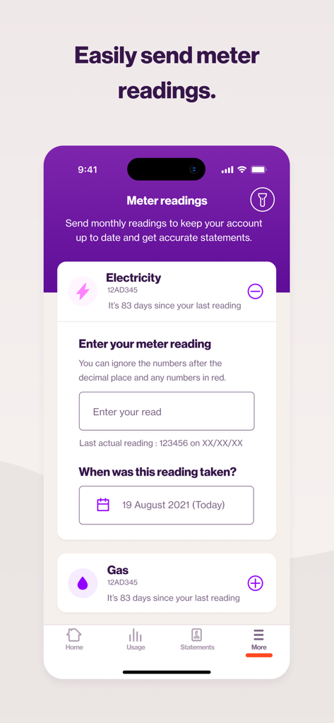 E.ON NEXT - E.ON NEXT mobile app interface for submitting electricity and gas meter readings
