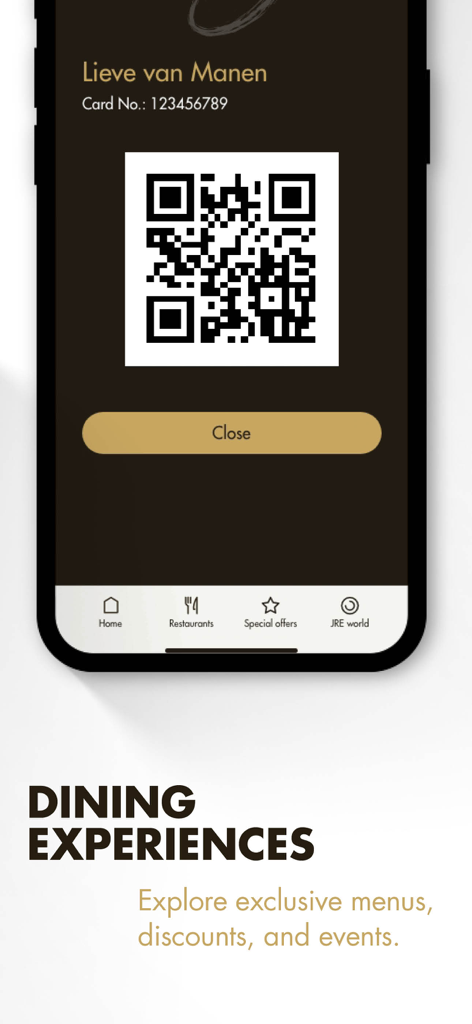 Una pantalla de teléfono inteligente que muestra la tarjeta de membresía digital JRE con un código QR