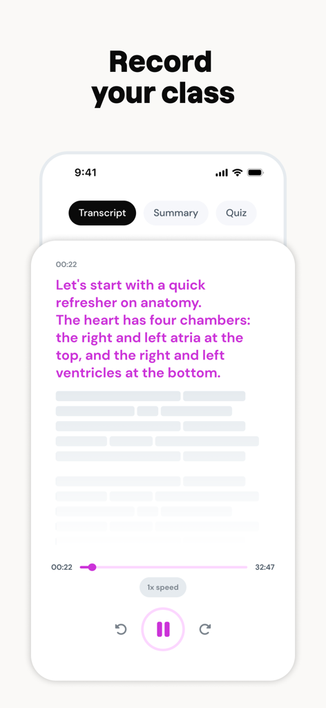 Interfaccia dell'app Studocu che mostra la trascrizione di una lezione registrata per un corso di anatomia.