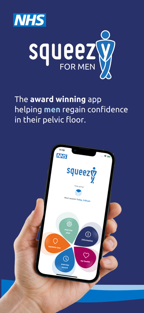 Squeezy Men - Smartphone-Bildschirm, der die Squeezy Men App-Oberfläche für Beckenbodenübungen mit NHS-Branding zeigt