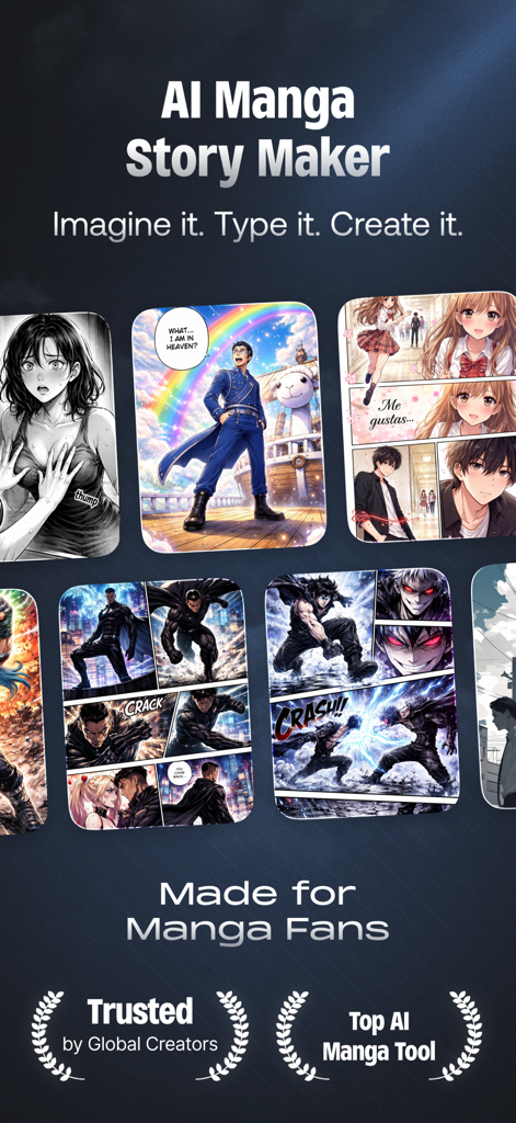 Mangii: AI Manga & Anime Art - Promotional screen for Mangii app showcasing various AI-generated manga story panels and styles