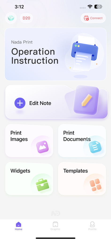 Nada Print - Nada Print app home screen interface showing menu options for printing notes, images, documents, and templates.
