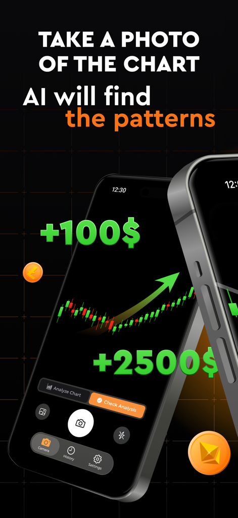 CrypsEye: Crypto AI Analyzer - Interface do aplicativo CrypsEye mostrando reconhecimento de padrões de gráficos de criptomoedas por IA e previsões de lucro em um iPhone