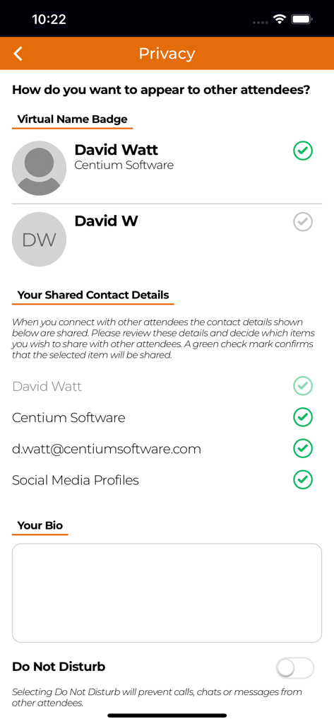 NAMIC Events - Privacy settings screen for conference attendees to manage profile visibility and contact details
