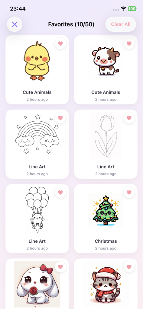 AR Drawing - TraceCam - A tela de favoritos do aplicativo AR Drawing TraceCam exibindo uma coleção de modelos de desenhos fofos de animais e linhas.