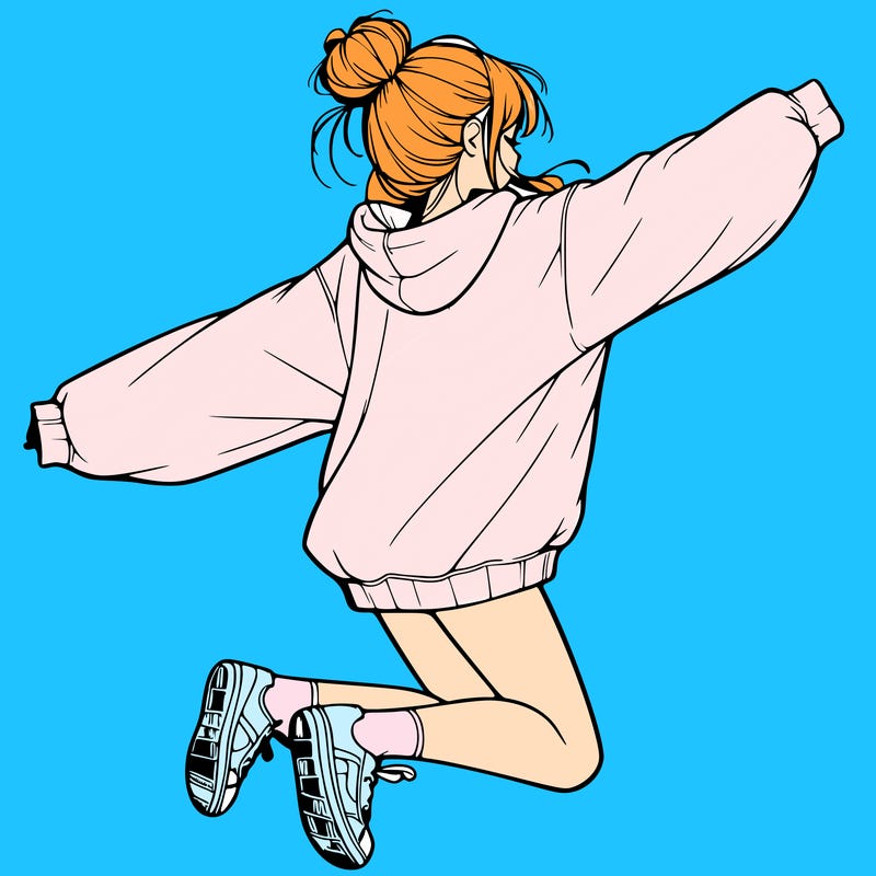 realistic girl jumping with a bun and oversized sweatshirt