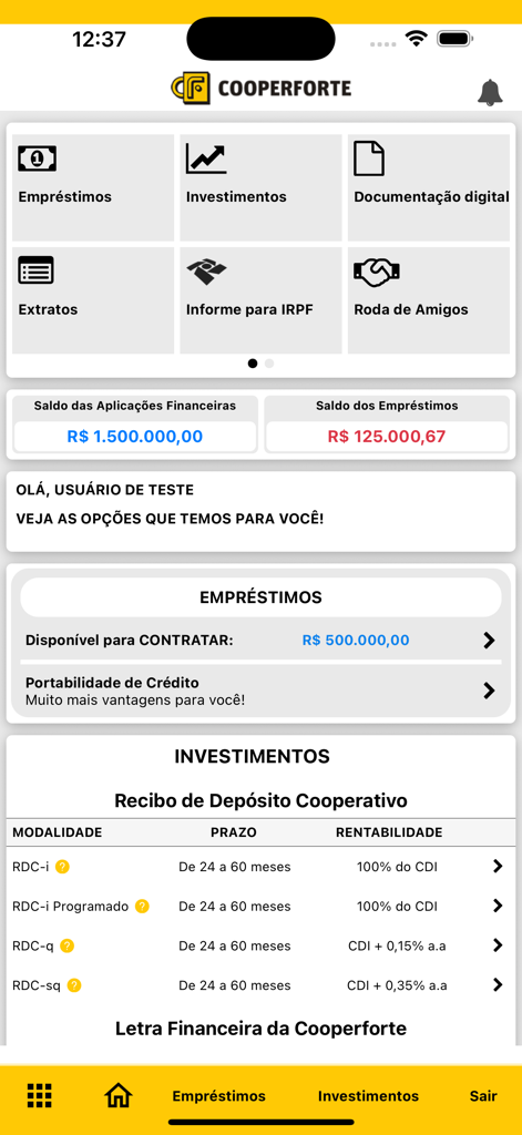 Cooperforte - Oberfläche der Cooperforte Mobile App mit Finanzinvestitionen, Krediten und Kontostand