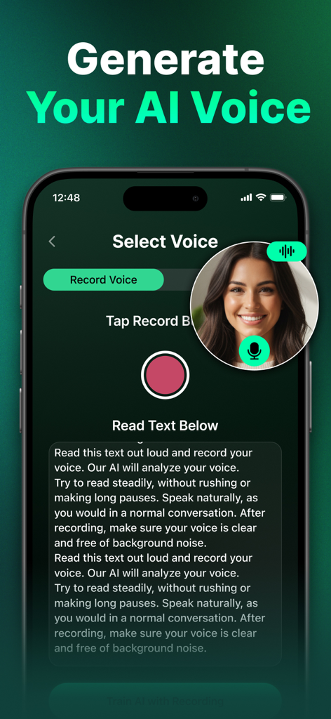AI Song: AI Music Generator - Benutzeroberfläche zur Generierung einer KI-Stimme durch Aufnahme von Sprache in der AI Song App