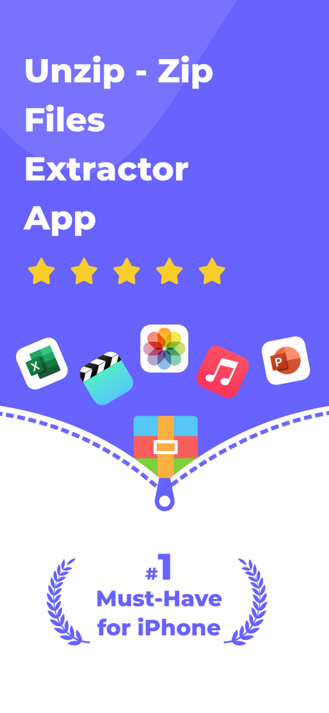 Pantalla promocional de la aplicación Unzip Zip Files Extractor para iPhone mostrando iconos de archivos y una calificación de cinco estrellas.